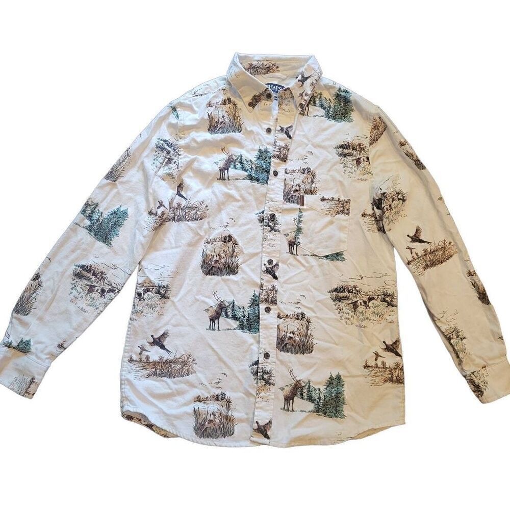 Chaps Button Down Shirt Men's Medium White Flannel Hunting Elk Pheasant Print